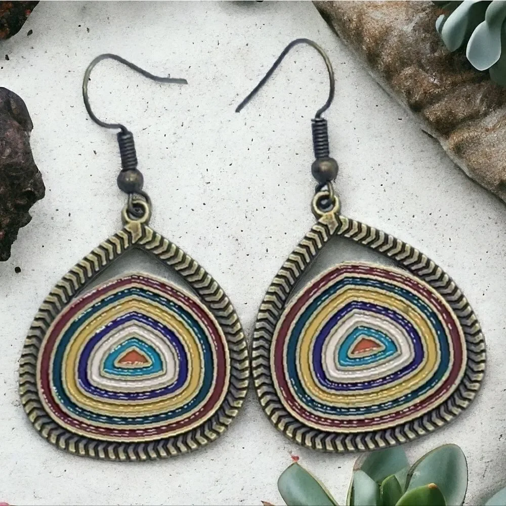 Artisan Rainbow Teardrop Earrings Antique Brass Boho Enamel Statement Jewelry